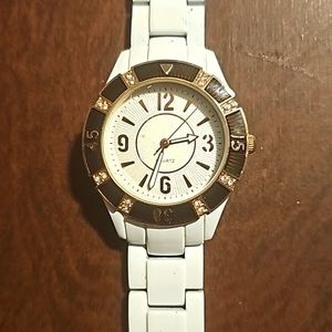 BWC White Ladies Watch, Metal Band, Quartz, Stainless Steel Backing, Gold & Diam
